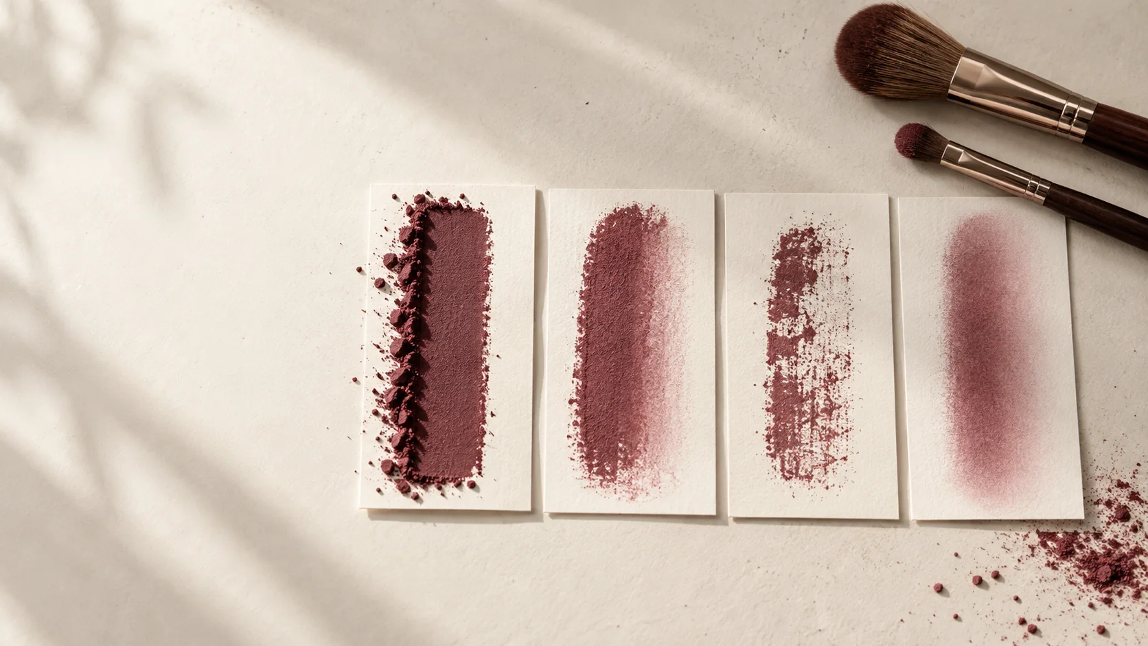 Four controlled pigment swatches comparing hard, overloaded, patchy, and softly diffused edges.