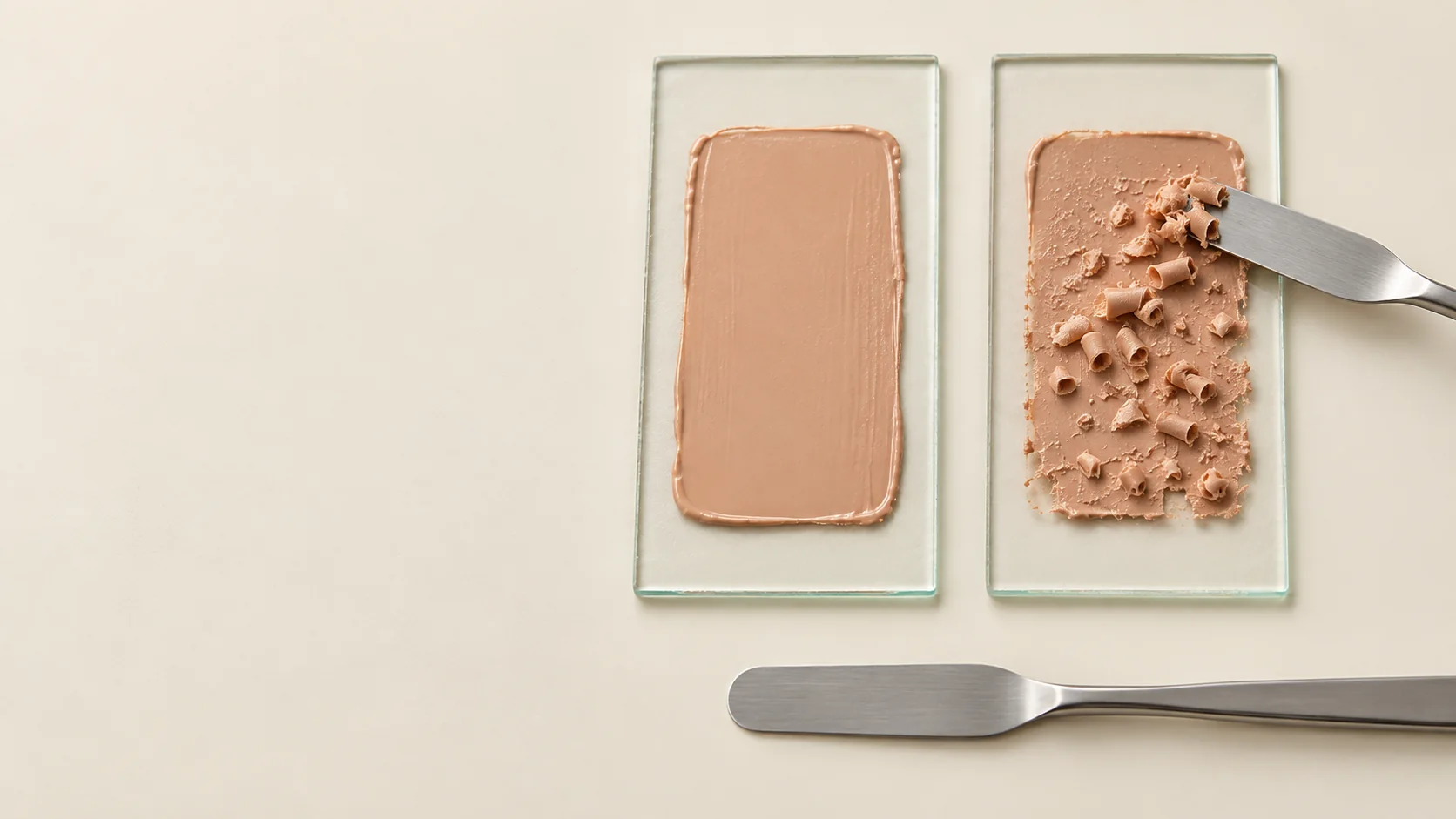 Side-by-side cosmetic film test showing one smooth layer and one layer rolled into pills.